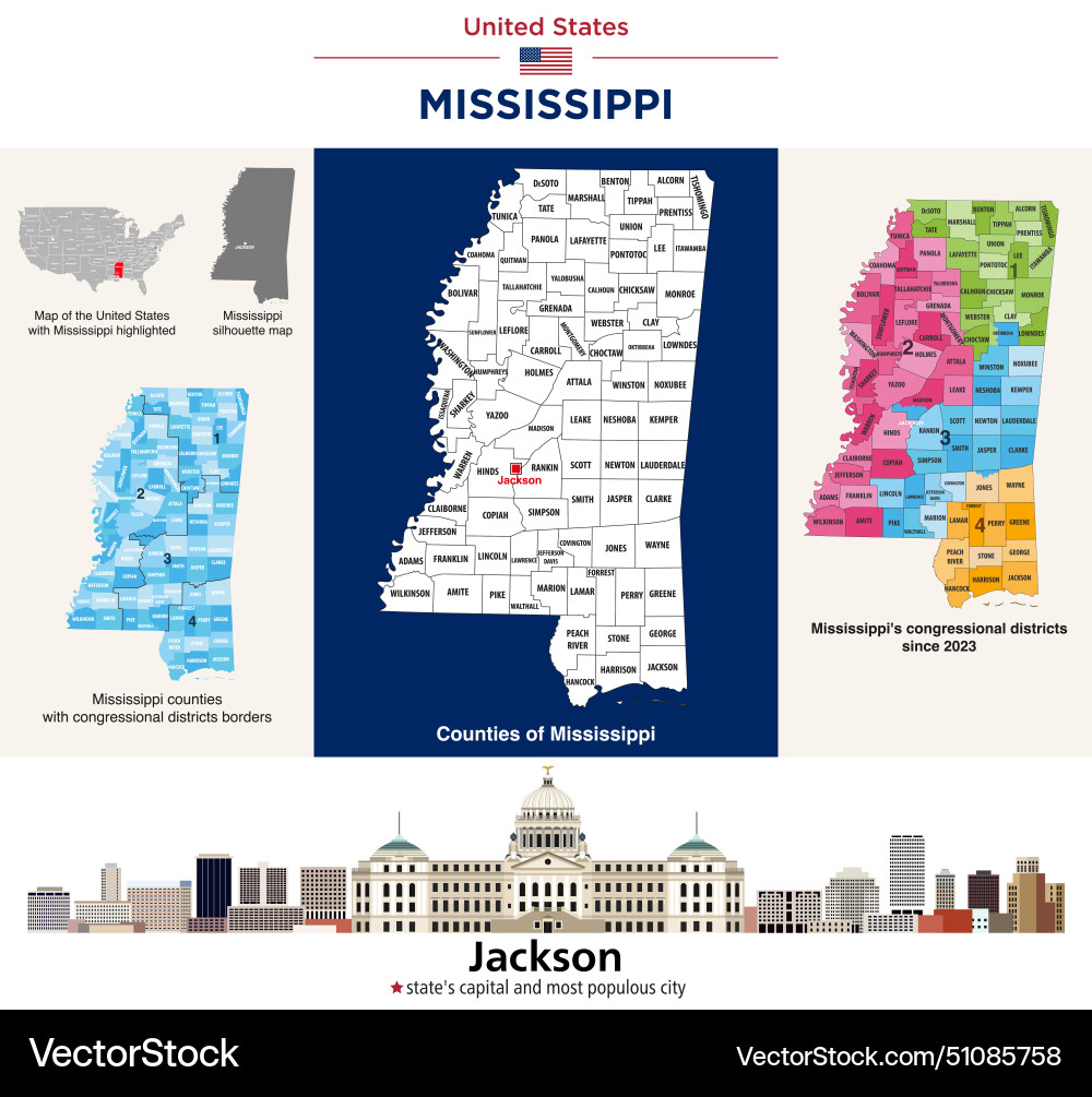 Mississippi County Map & Jackson Skyline Vector Image