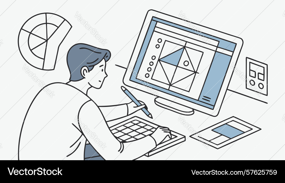 Architect designing on computer with blueprint Vector Image