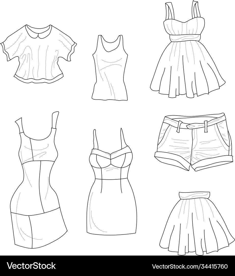 Cartoon simple girls clothing items sketch set Vector Image
