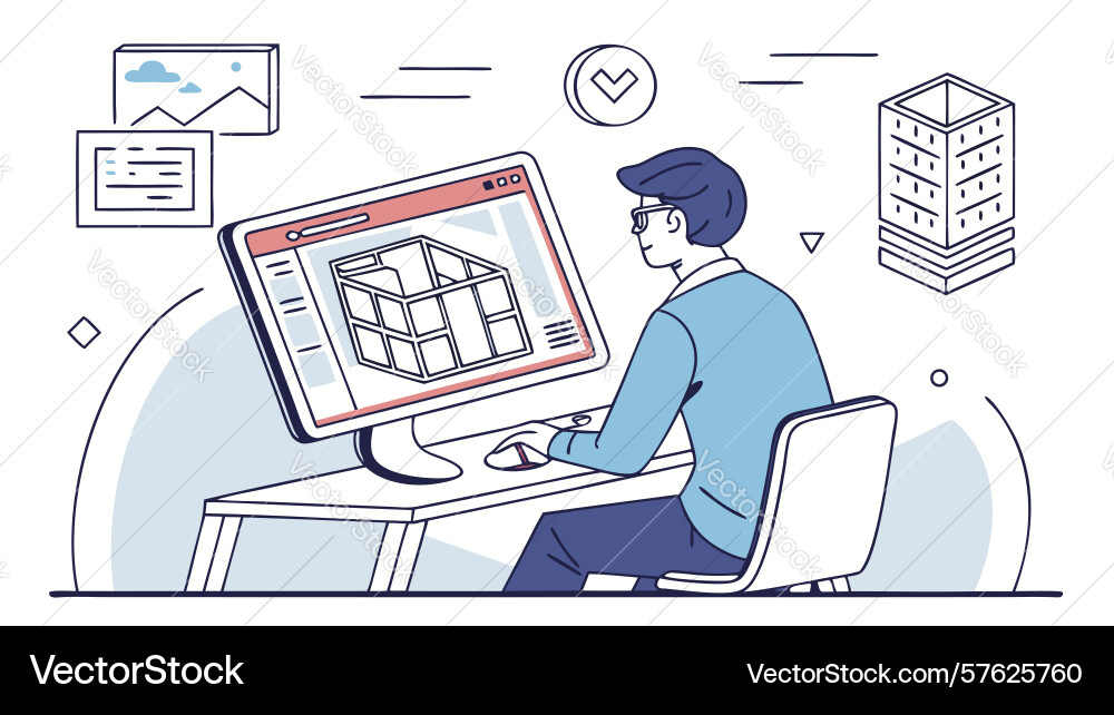 Programmer working on desktop with server rack vector image