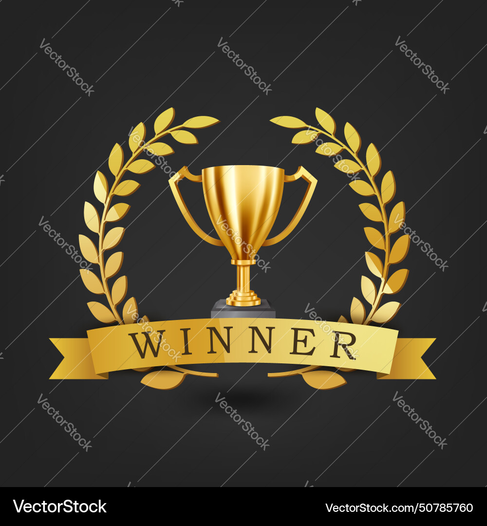 Realistic golden trophy with gold laurel wreath vector image