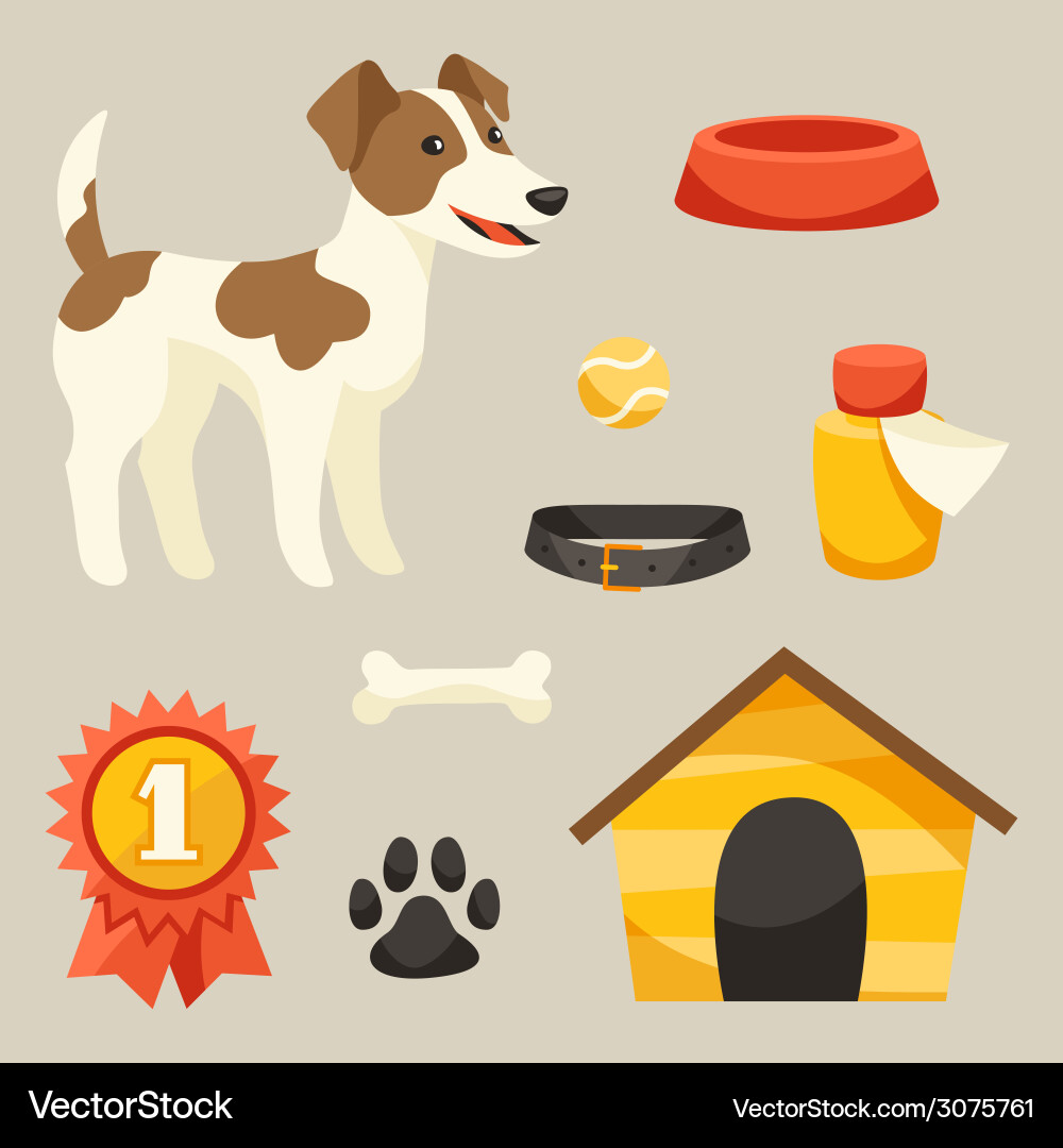 Set of icons and objects with cute dog vector image