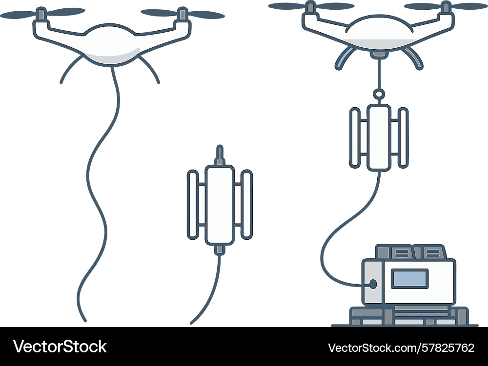 Drones with tethered connection for power and data Drones with tethered connection for power and data vector image