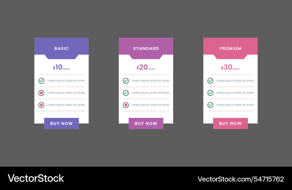 Rectangle pricing table template with three Vector Image