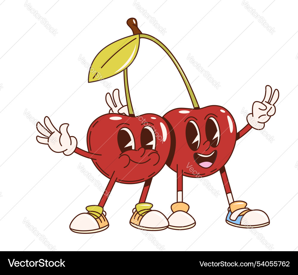 Retro groovy cherry berry twins cartoon characters Retro groovy cherry berry twins cartoon characters vector image