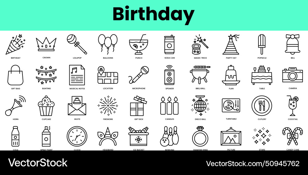 Set of birthday icons linear style icon bundle Set of birthday icons linear style icon bundle vector image