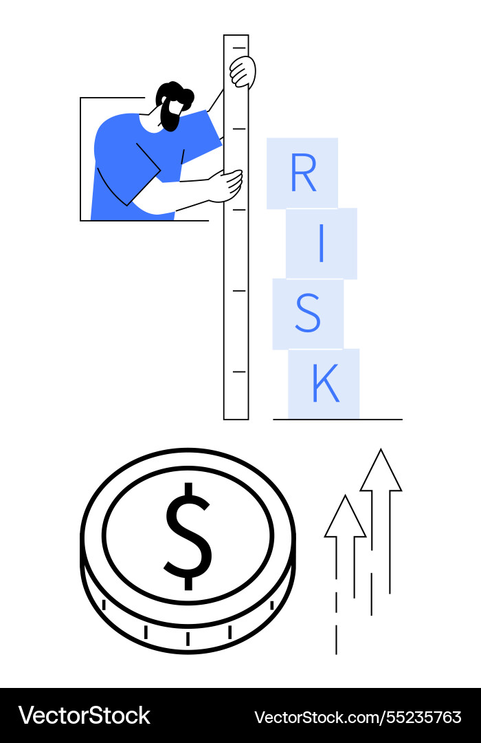Man measuring risk levels with ruler coin Man measuring risk levels with ruler coin Vector Image