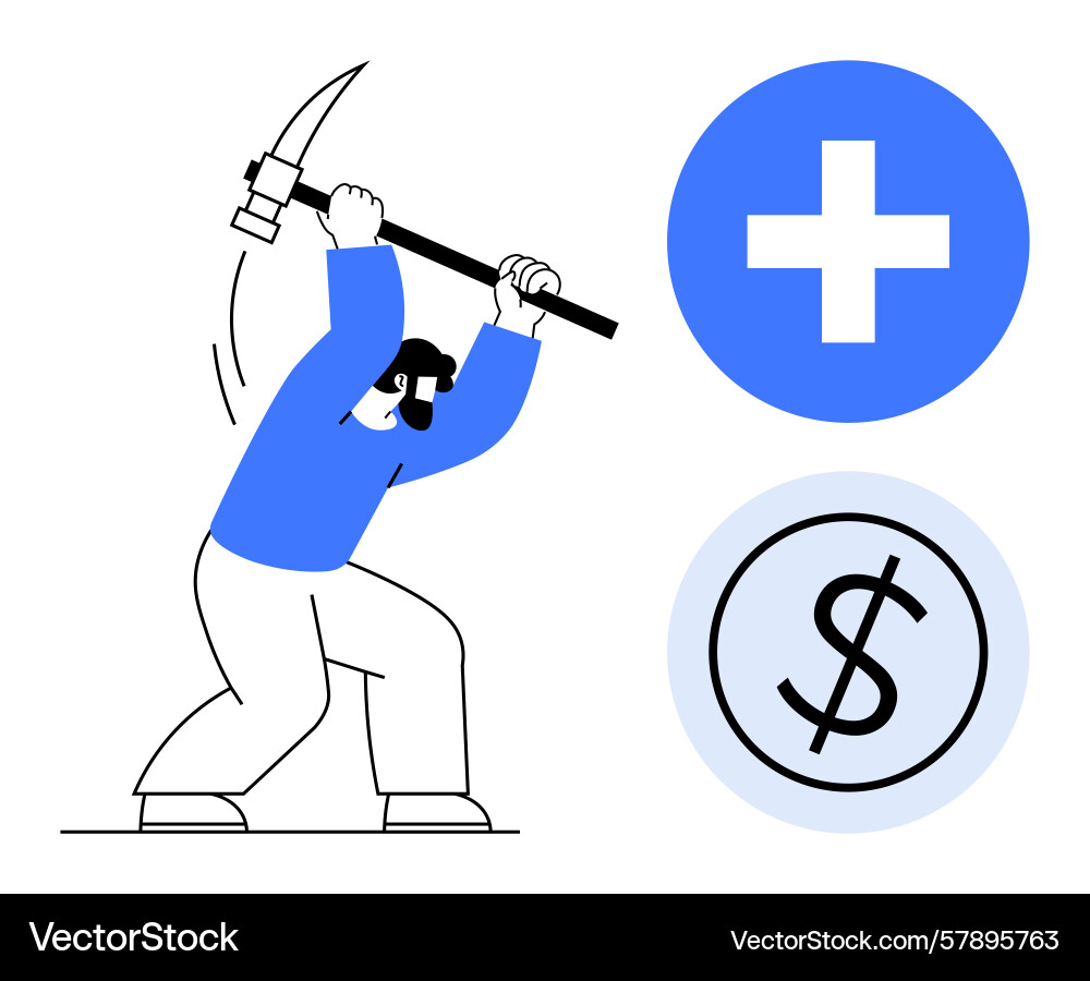 Miner swinging pickaxe with health and finance Vector Image