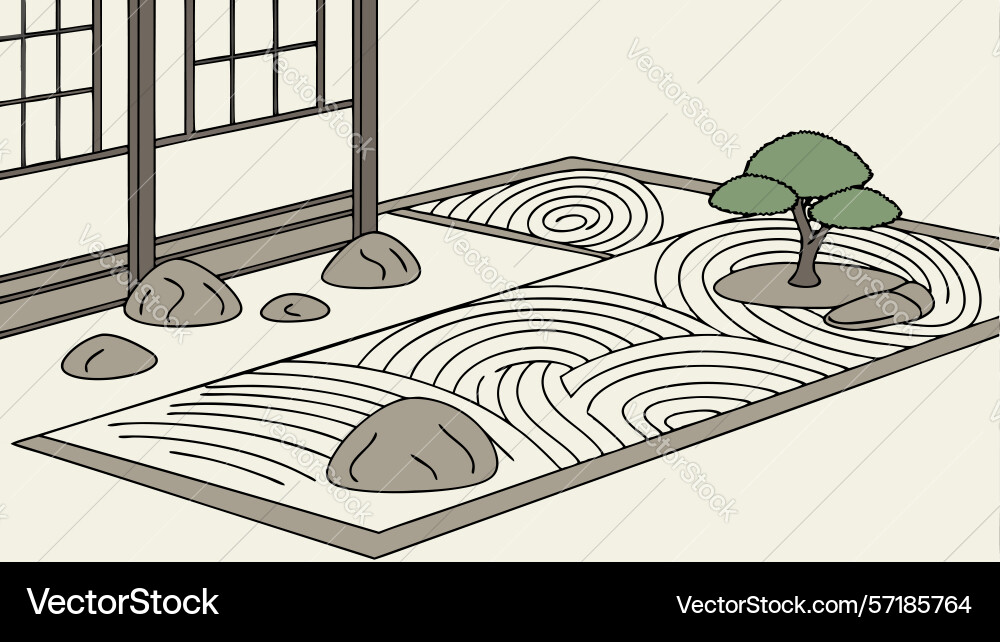 Dynamic zen garden with raked wave patterns vector image