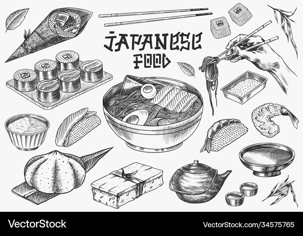 Japanese food set sushi bar ramen noodles soup Japanese food set sushi bar ramen noodles soup vector image