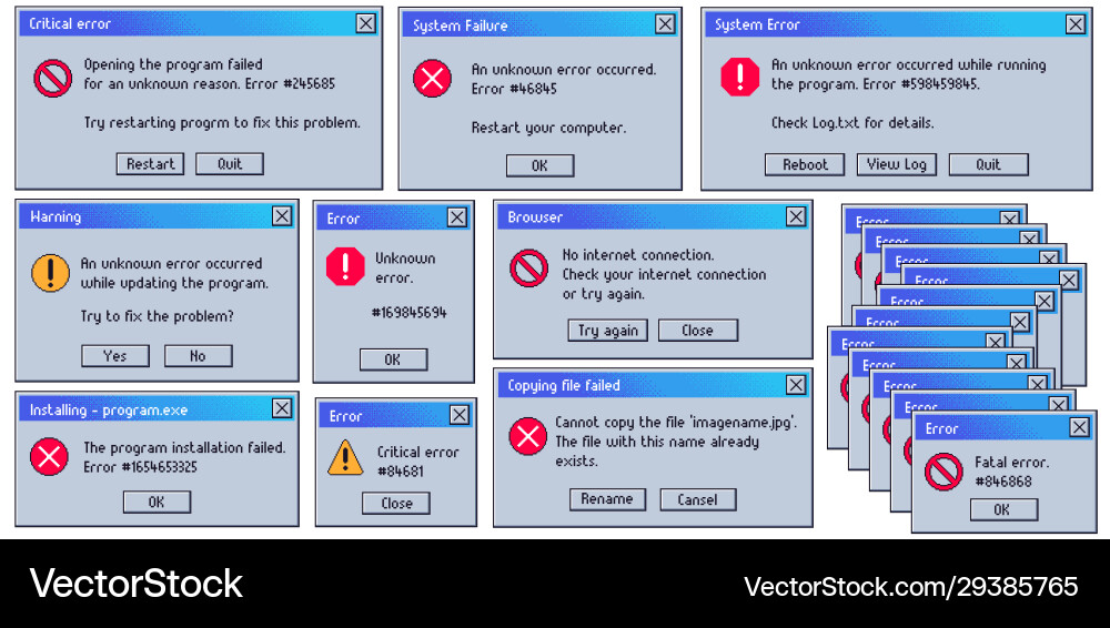 Retro error message old user interface system Retro error message old user interface system vector image