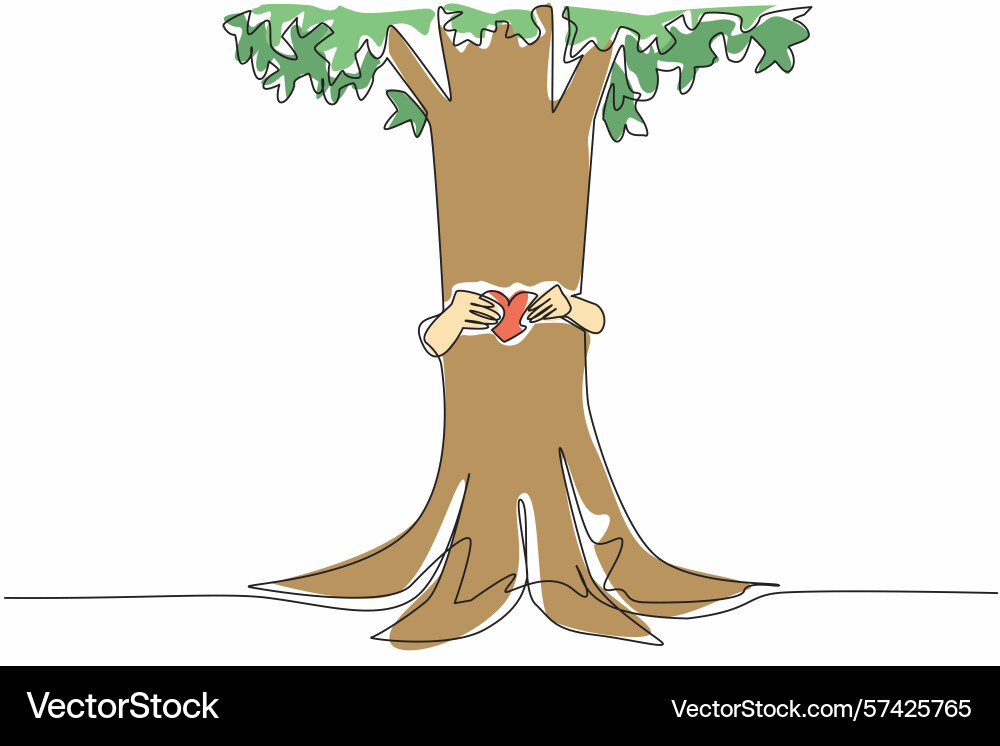 Single one line drawing two hands hugging a tree Single one line drawing two hands hugging a tree Vector Image