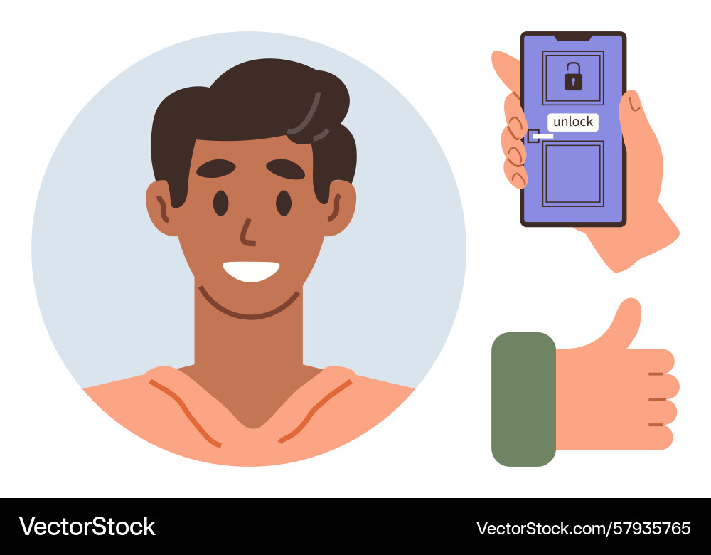 Smiling young man with smartphone unlocking secure Smiling young man with smartphone unlocking secure vector image