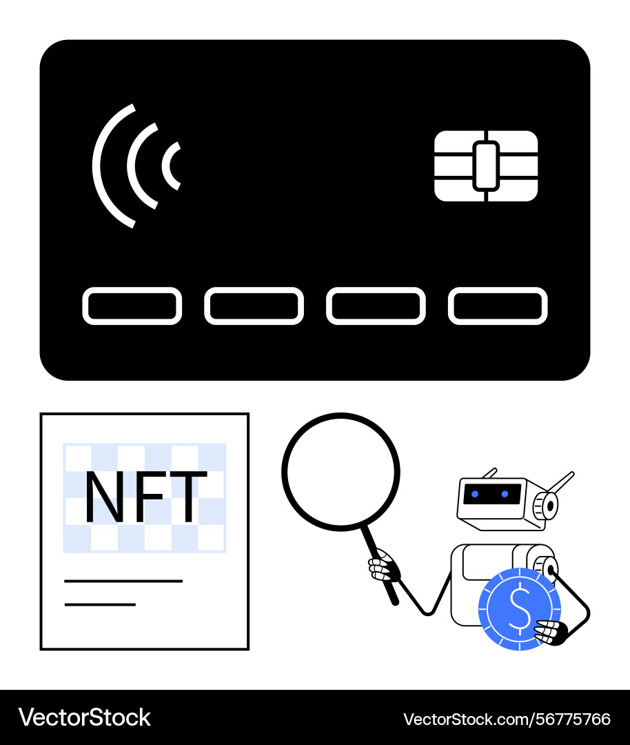 Digital payment card nft document and robot Digital payment card nft document and robot vector image