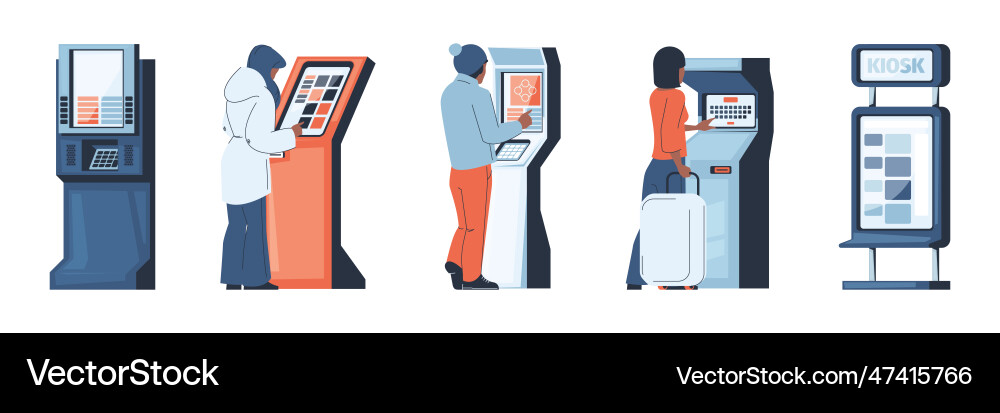 Menschen im digitalen Kiosk Mann und Frau Ticket Menschen im digitalen Kiosk Mann und Frau Ticket vektorbild