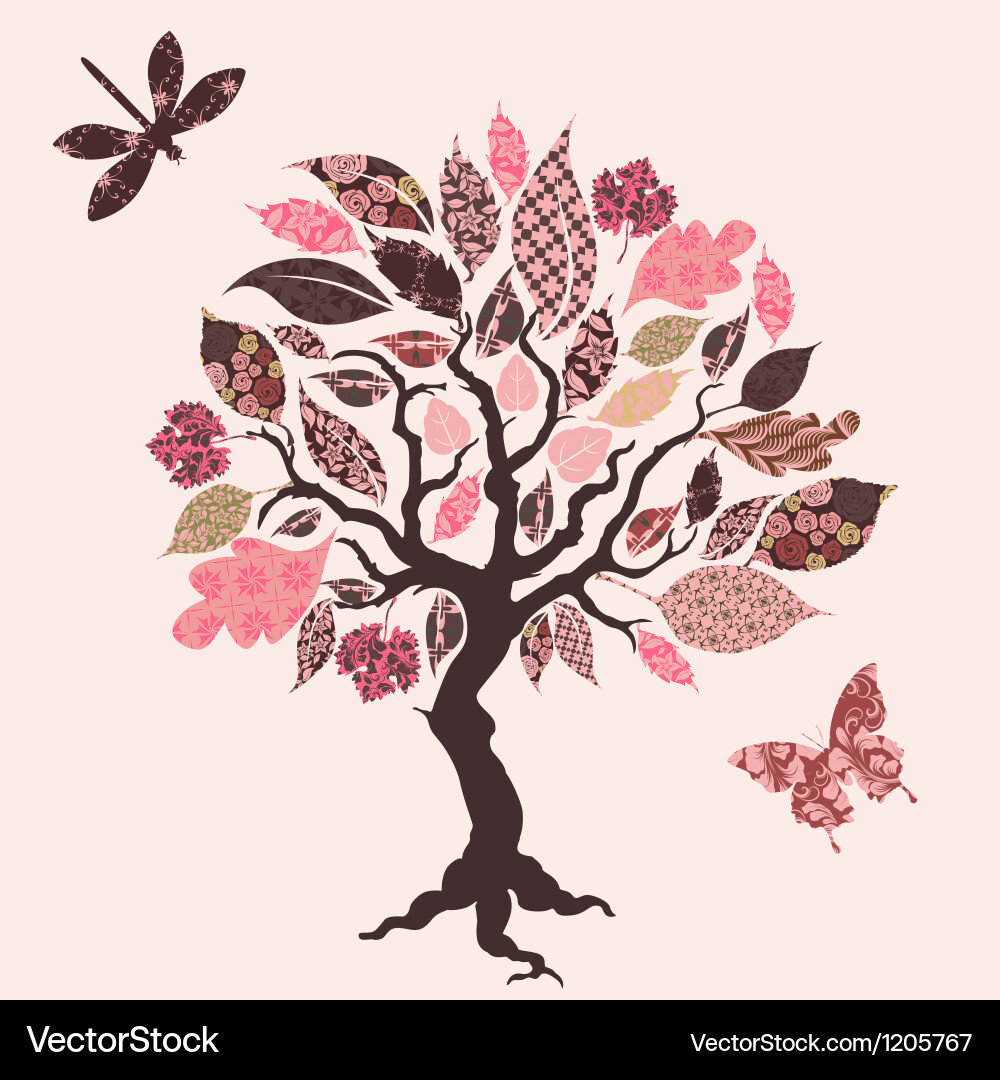 Patchwork Tree with Floral Elements vector image