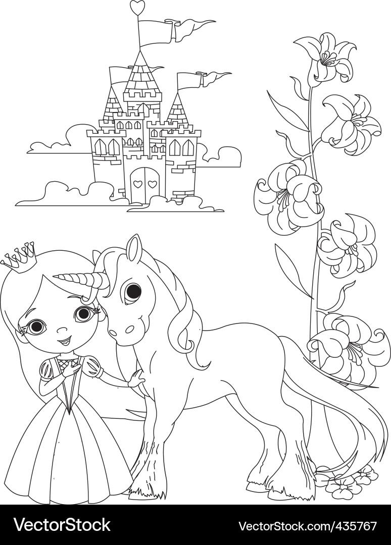 Princess and Unicorn Coloring Page vector image