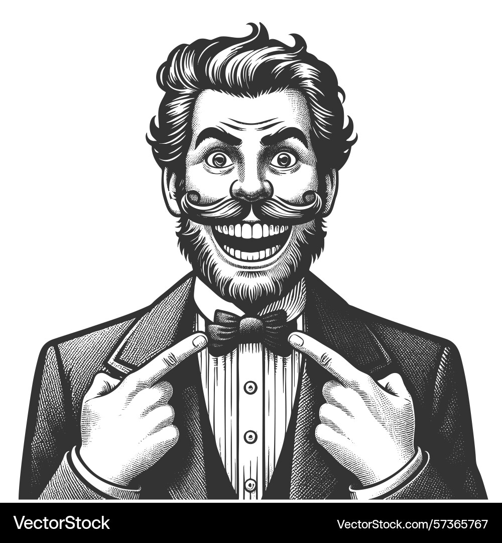 Smiling man with mustache pointing at bow tie Smiling man with mustache pointing at bow tie Vector Image