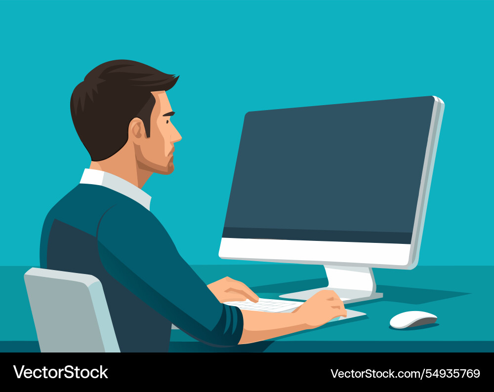 Man focused on a computer screen displaying Man focused on a computer screen displaying Vector Image