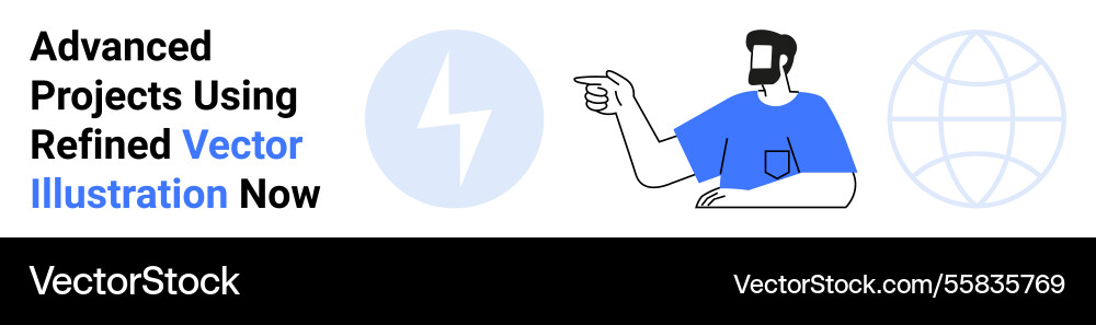 Man gesturing towards lightning bolt and globe Man gesturing towards lightning bolt and globe Vector Image