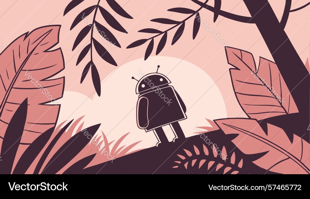 Android robot walking in jungle forest scene vector image