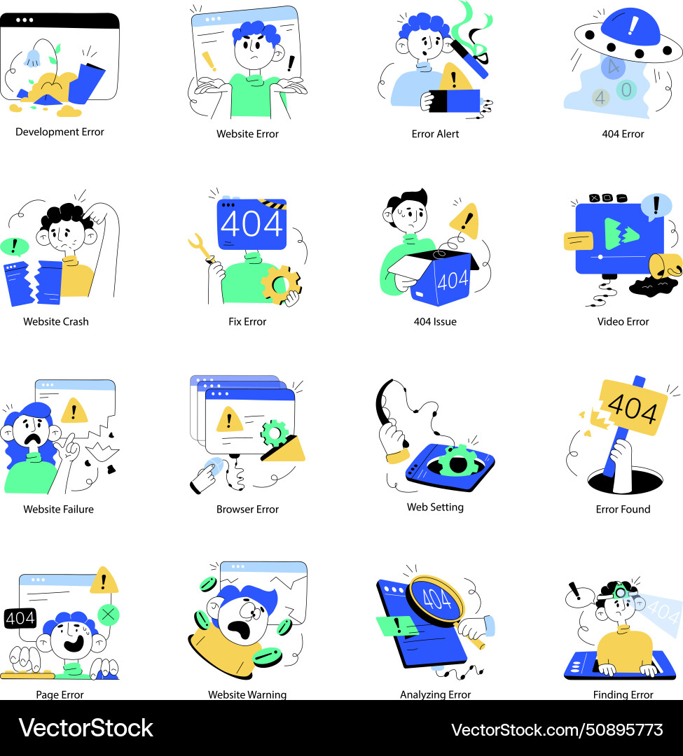 Set of 16 website errors doodle mini vector image