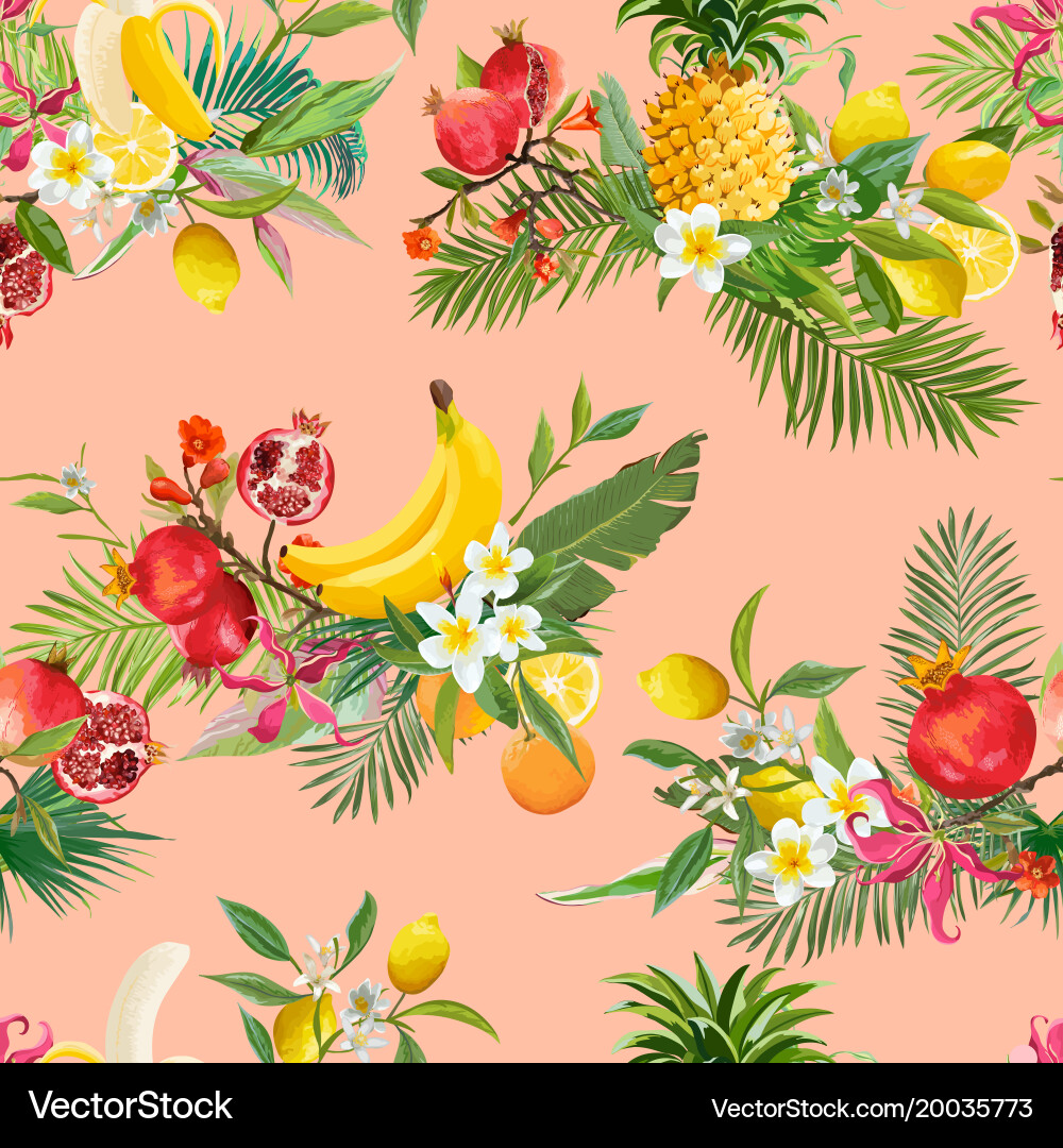 Tropical Fruits & Palm Leaves Pattern Vector Image