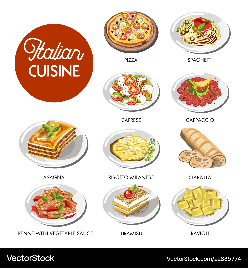 Italian cuisine food traditional dishes vector image