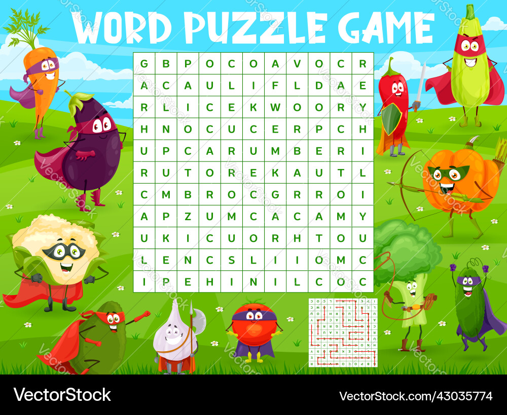 Word search puzzle game with vegetable superheroes Word search puzzle game with vegetable superheroes vector image