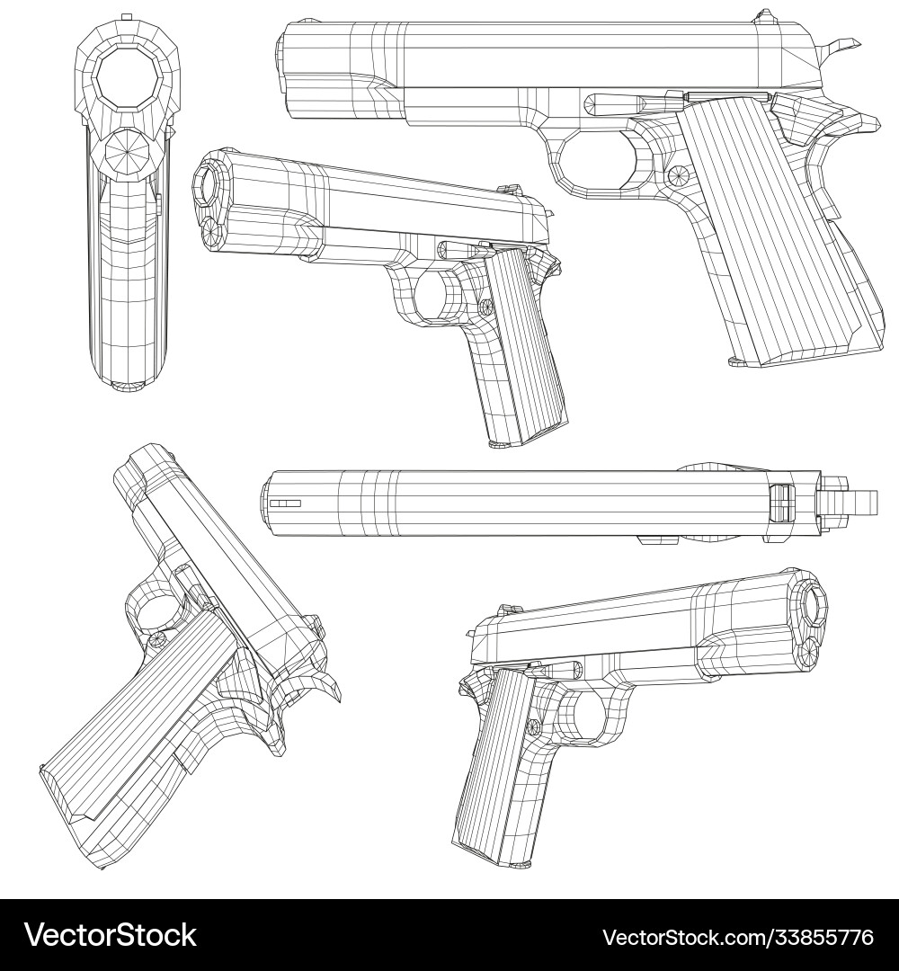 Set with a low poly pistol colt 1911 wireframe vector image