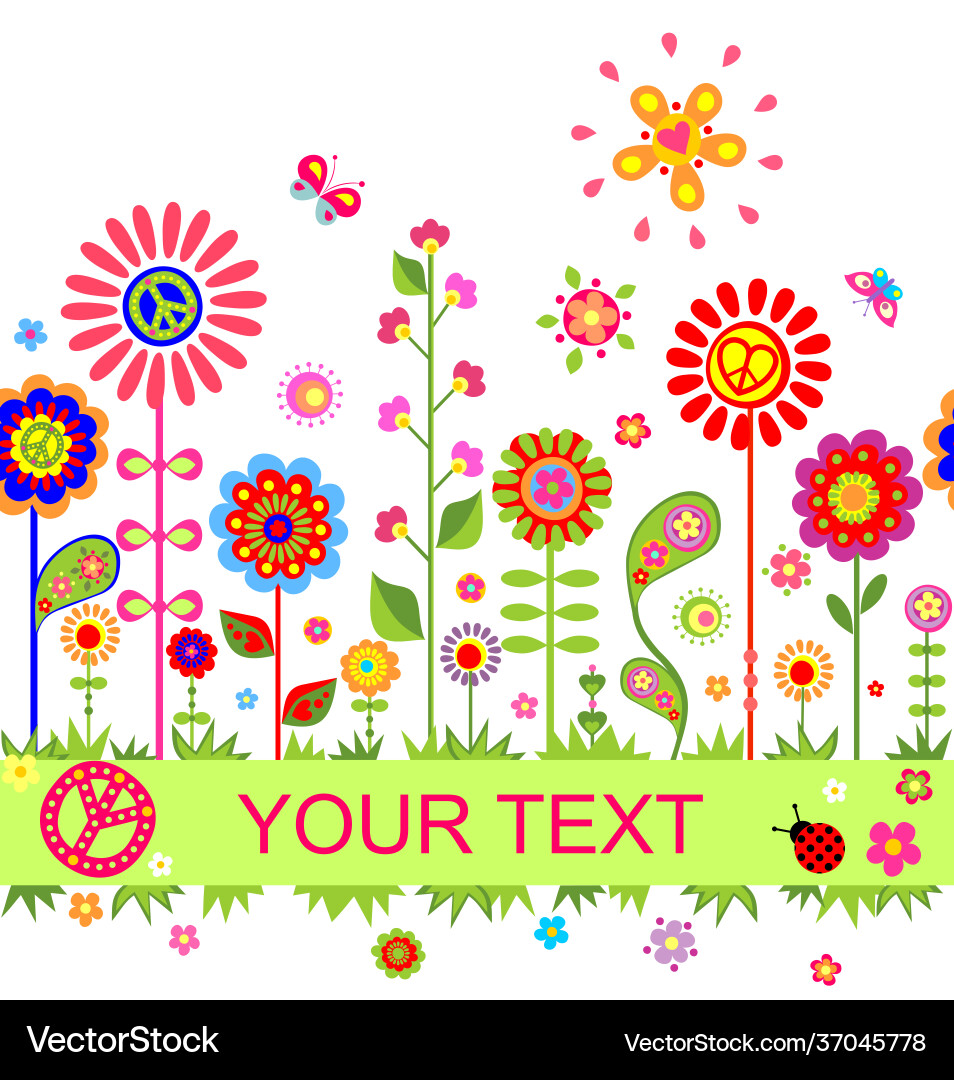 Greeting card with abstract hippie flowers border Greeting card with abstract hippie flowers border vector image