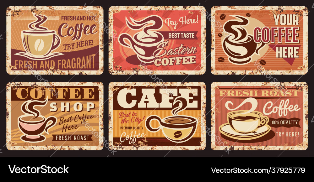 Coffee shop metal rusty plates cafe retro posters Coffee shop metal rusty plates cafe retro posters vector image