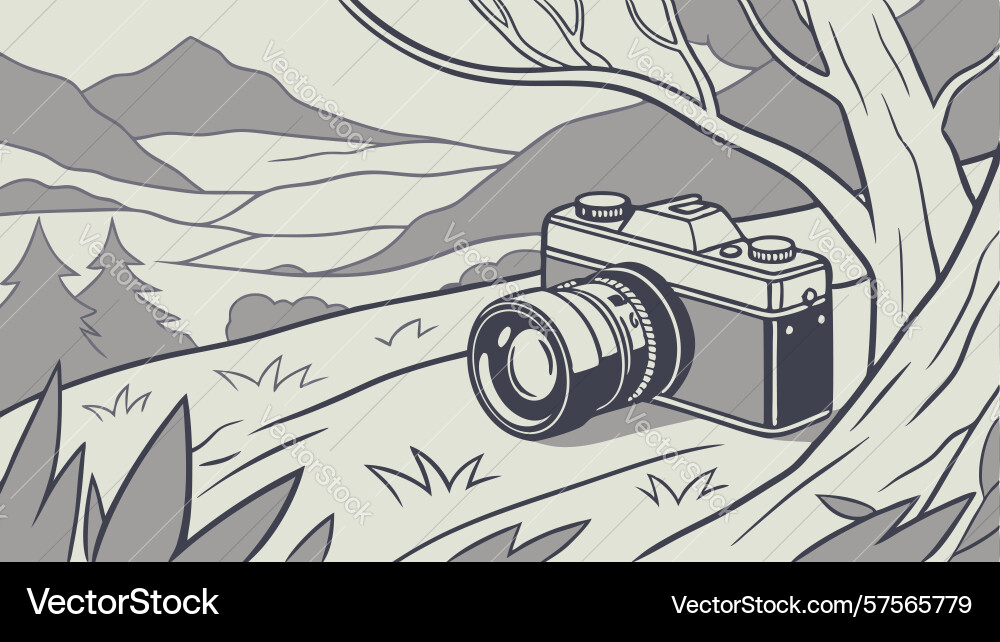 Retro camera in forest with winding path art Vector Image