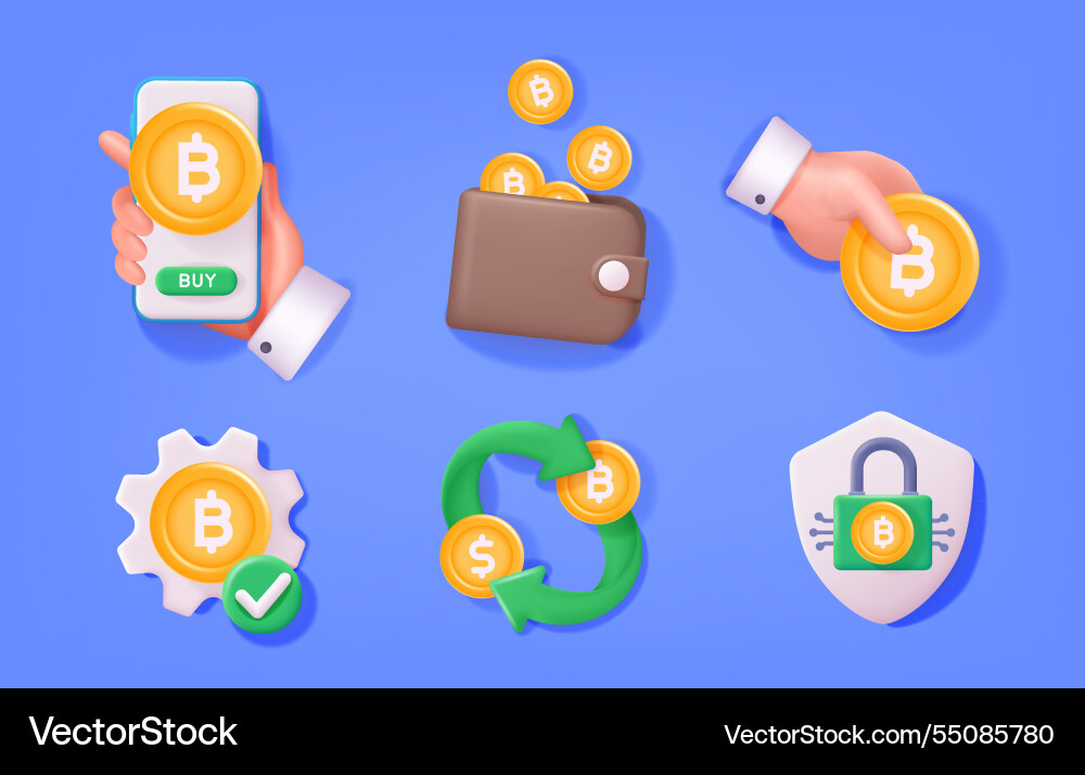 Bitcoin icons set currency exchange buy save 3d Bitcoin icons set currency exchange buy save 3d vector image