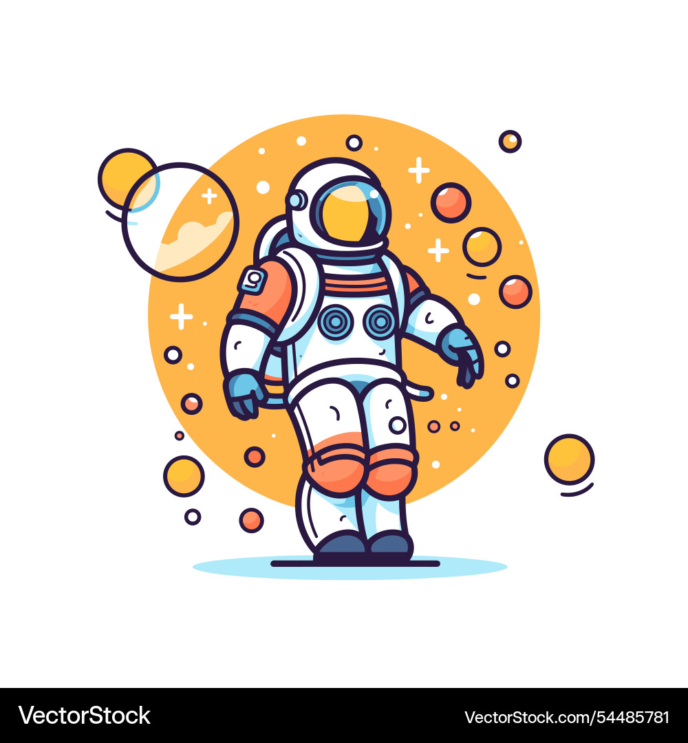 Astronaut exploring space with colorful spheres Vector Image