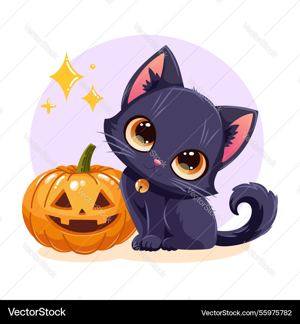 Süße schwarze Katze mit großen Augen und Halloween Kürbis Süße schwarze Katze mit großen Augen und Halloween Kürbis vektorbild