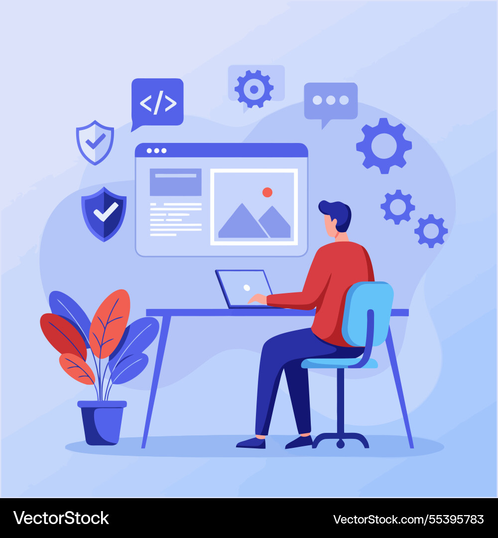 Man working on website development with laptop Vector Image
