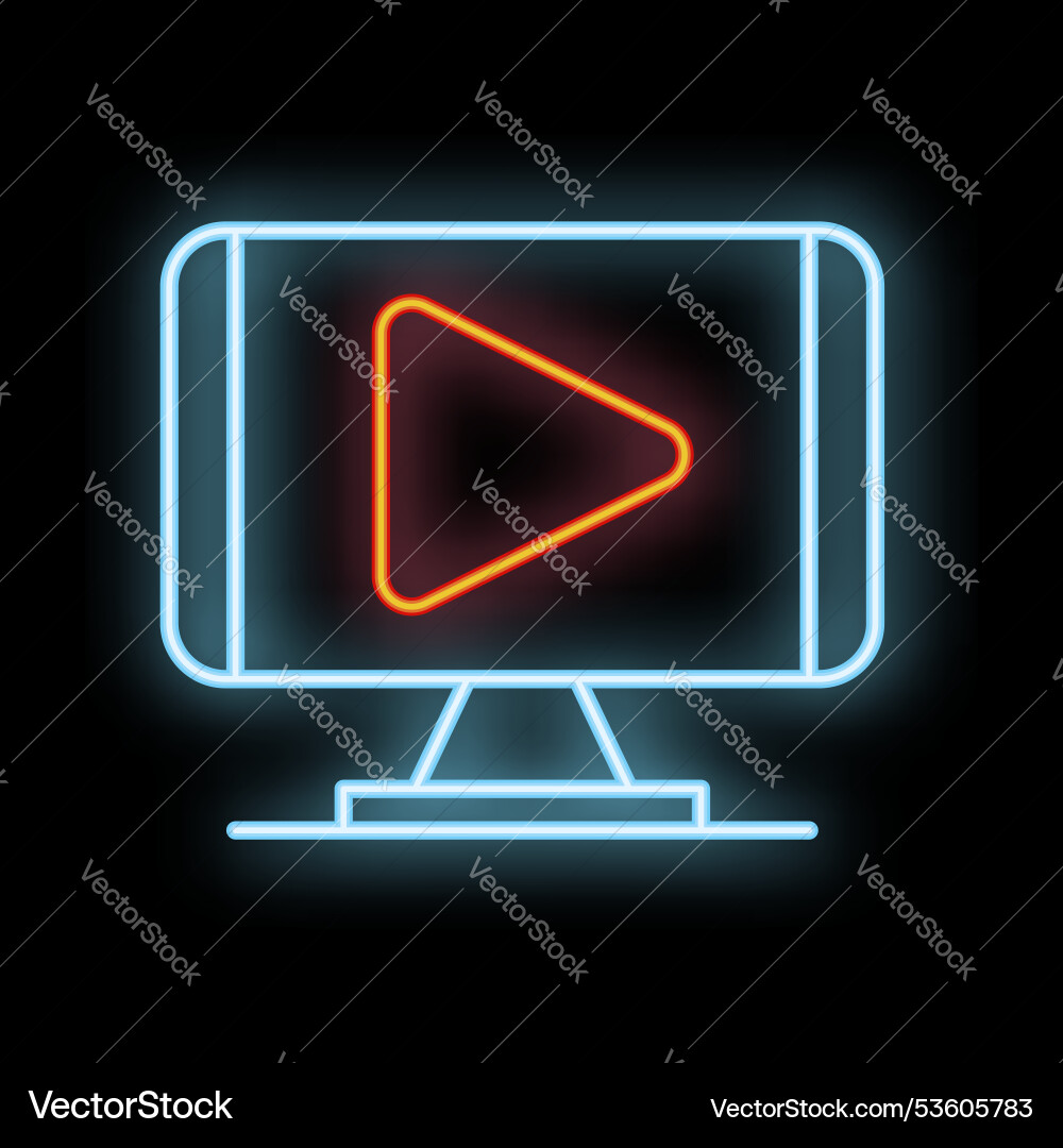 Neon icon of computer monitor displaying play Neon icon of computer monitor displaying play vector image