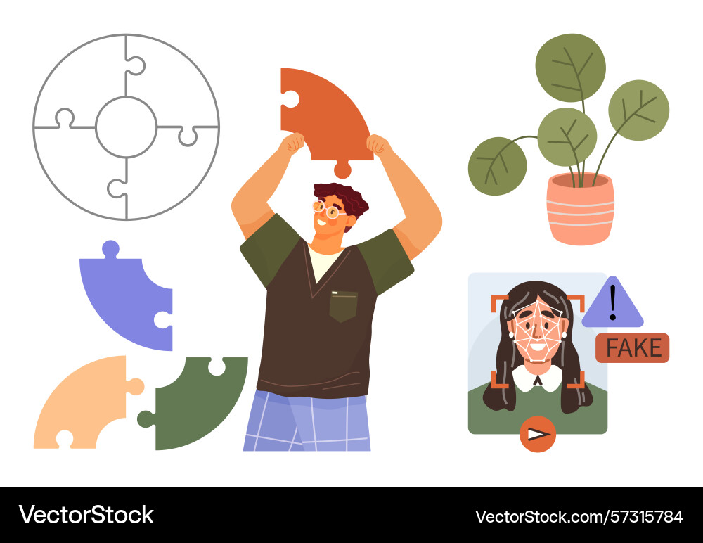 Man assembling puzzle ai detection warning Man assembling puzzle ai detection warning vector image
