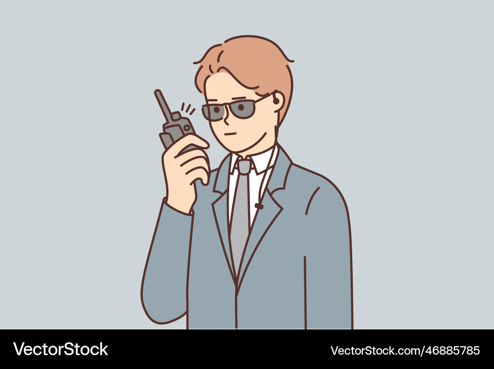 Man bodyguard use walkie-talkie to inform security Man bodyguard use walkie-talkie to inform security vector image