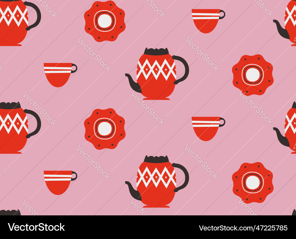 Seamless pattern with red tea set Vector Image