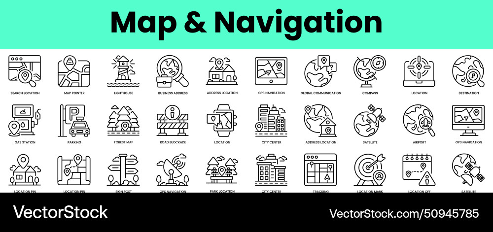 Set of map and navigation icons linear style icon Set of map and navigation icons linear style icon vector image