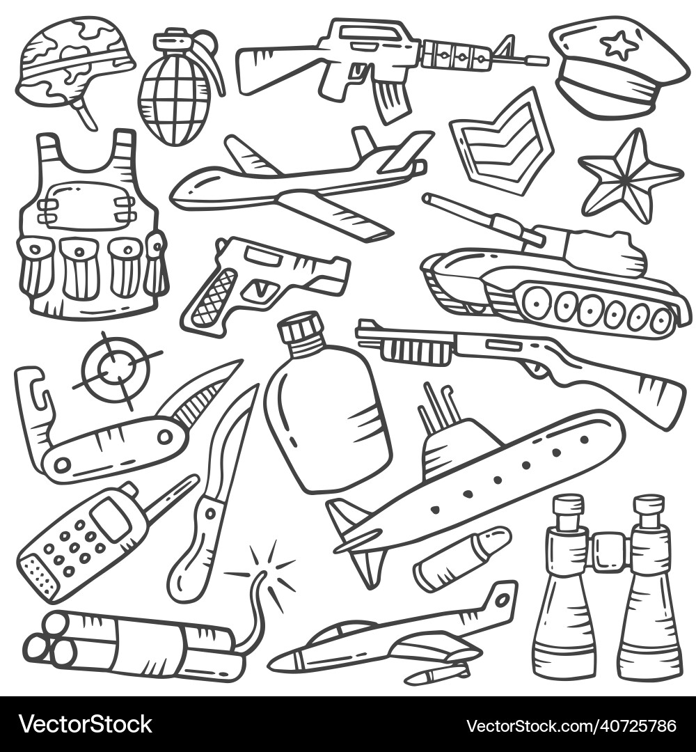 Military doodle hand drawn set collections Military doodle hand drawn set collections vector image