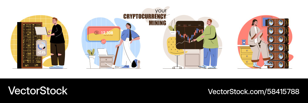 Bitcoin Mining Scene Set Vector Image