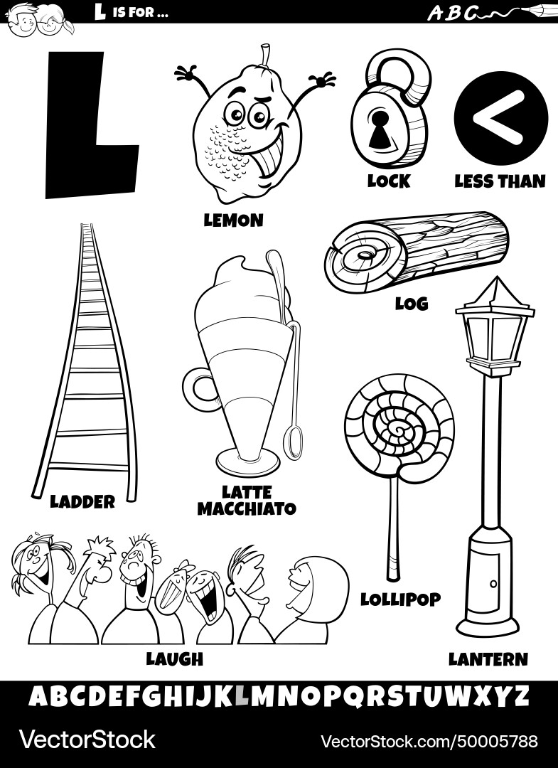 Letter l set with cartoon objects and characters vector image