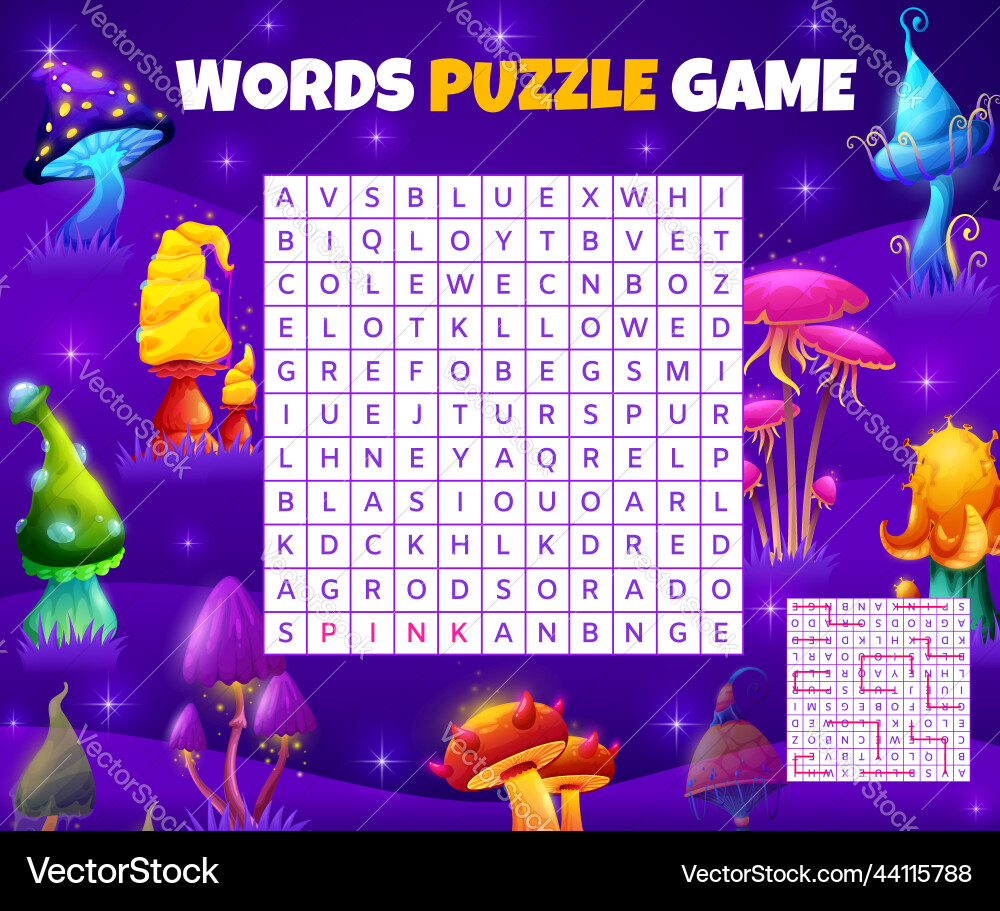 Magische Pilze auf Wortsuche puzzle Arbeitsblatt Magische Pilze auf Wortsuche puzzle Arbeitsblatt vektorbild
