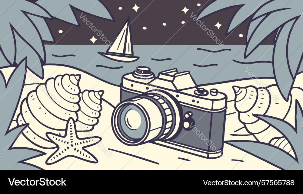 Retro camera on beach with starfish shells Vector Image