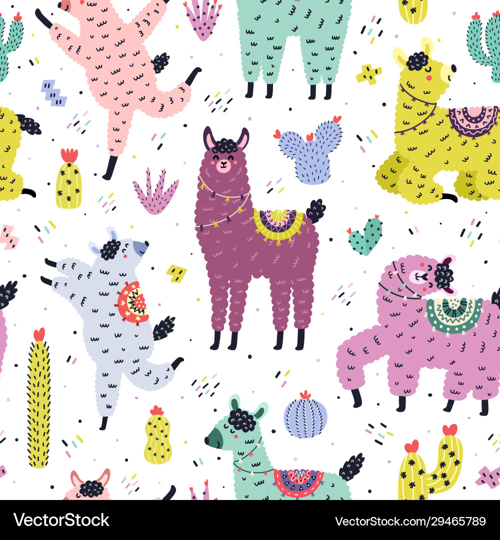 Cute Llamas & Cactus Pattern Vector Image