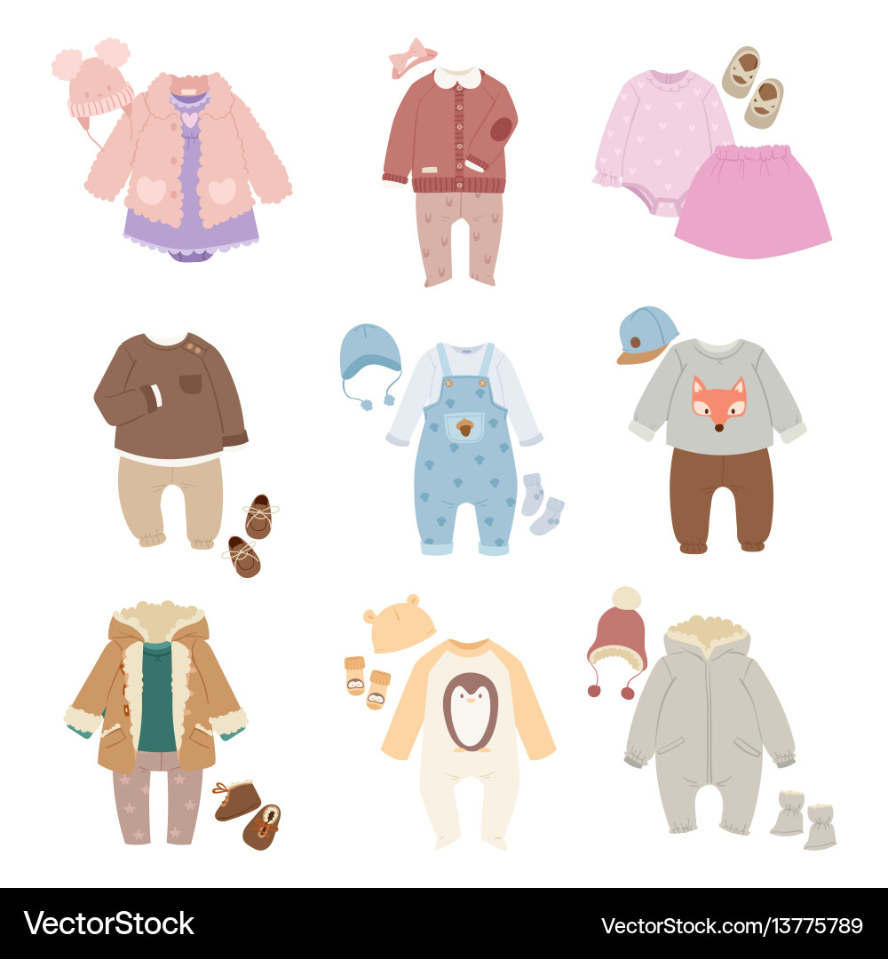 Funny baby kids clothes icon set Funny baby kids clothes icon set vector image