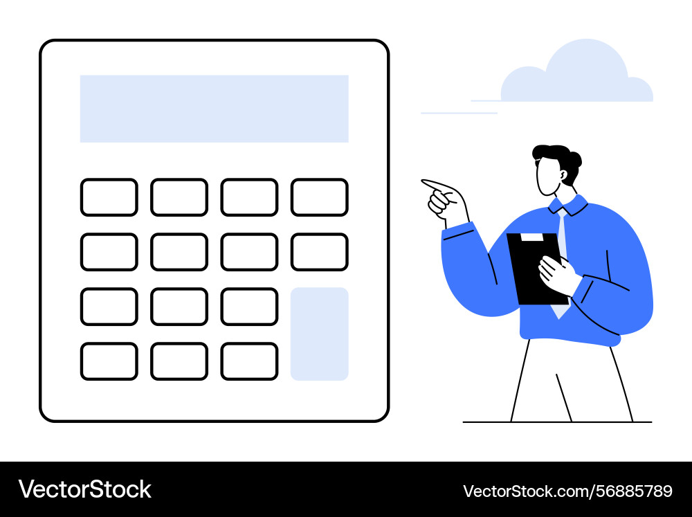 Man pointing at large calculator concept Man pointing at large calculator concept Vector Image